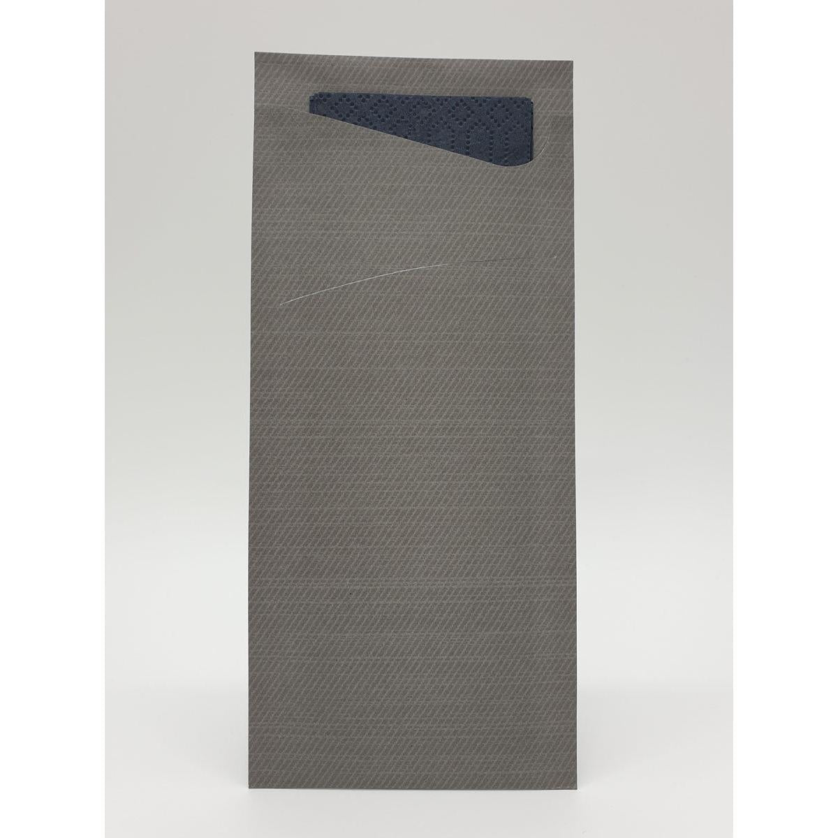 A tall, rectangular Sacchetto tissue 190 x 85 mm from Duni GmbH with a textured gray surface and a dark triangular flap at the top stands against a plain white background.
