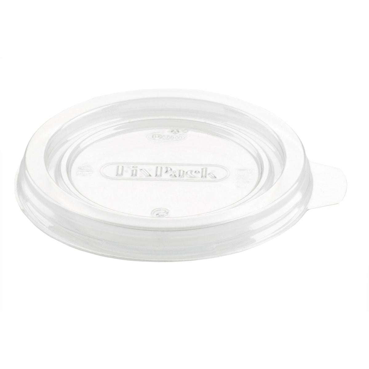The lid for 161088 from Duni GmbH is a clear, round APET lid (93x93x9 mm) with a small tab and embossed symbols, suitable for packaging. Pack: 50 pieces.