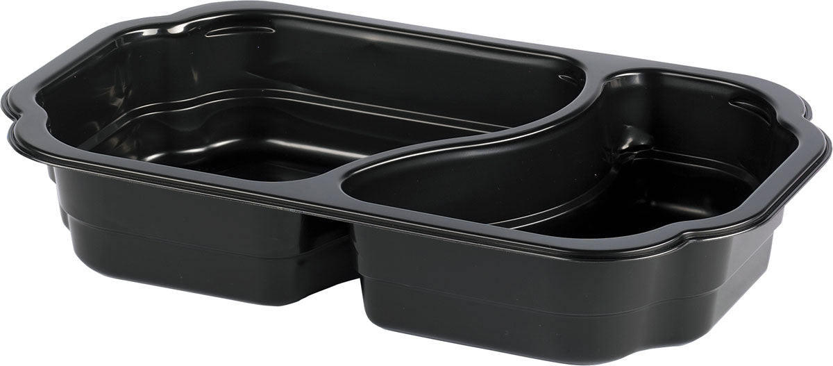 The PP Bowl Take-Away 2 Black PP/MIN by Duni GmbH made from black PP with two compartments, ideal as an environmentally friendly food packaging, is shown empty on a white background.