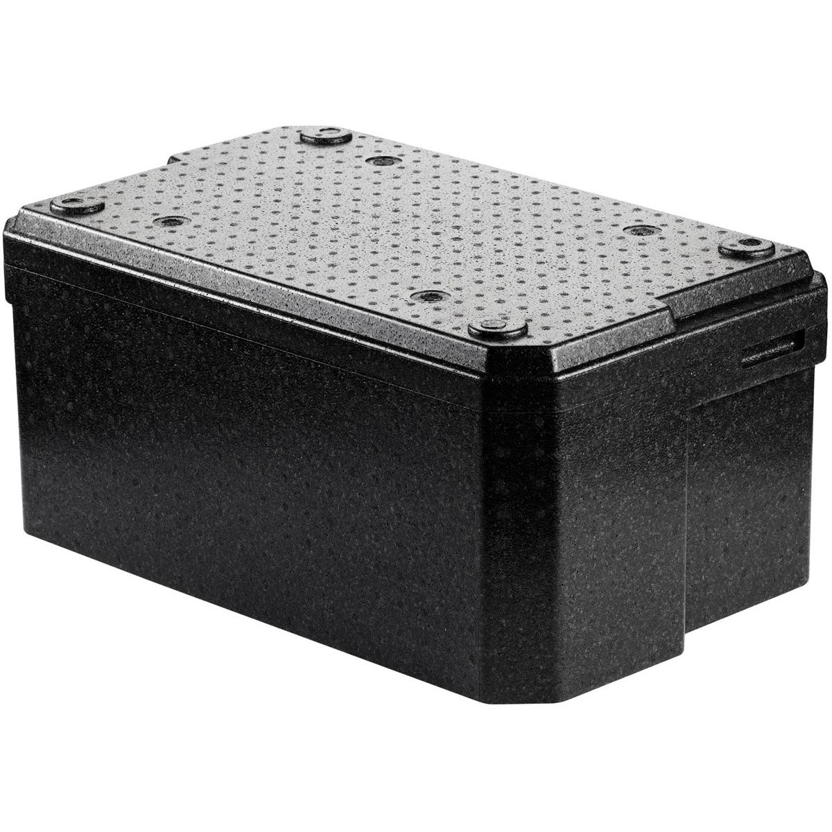 The Thermobox 1 Black EPP from Duni GmbH is a black, rectangular plastic box for transporting food, featuring a textured, dotted lid secured with four screws. It is shown against a white background.