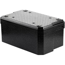 The Thermobox 1 Black EPP from Duni GmbH is a black, rectangular plastic box for food transport with a textured, dotted lid with four screws. It is presented against a white background.