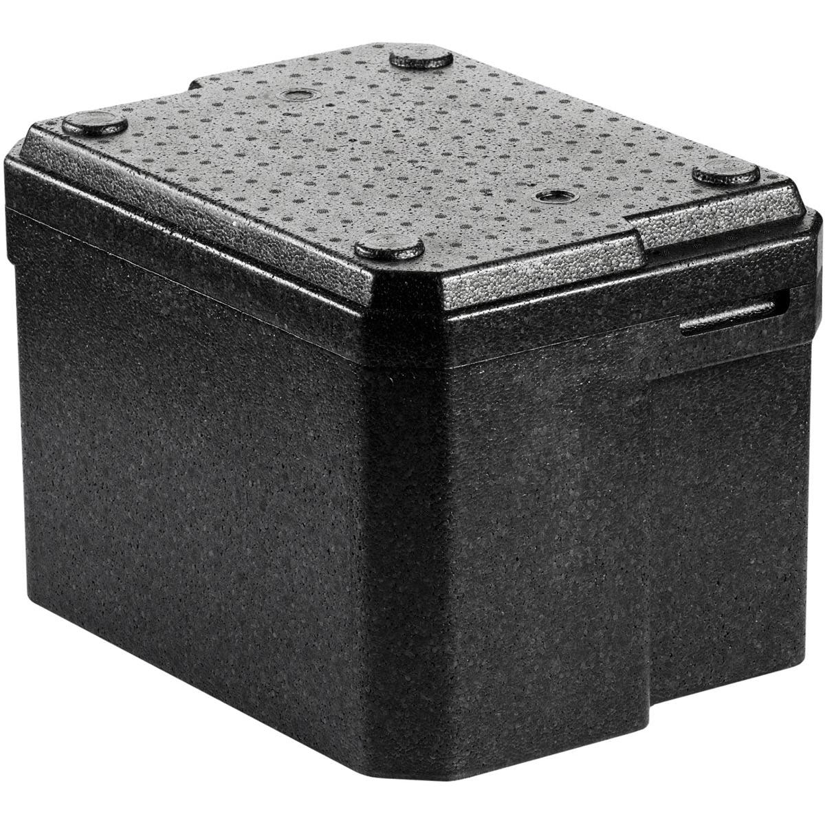 The Duni GmbH Thermobox 1 Black EPP is a black, rectangular EPP box with a textured lid and rounded corners, designed for insulation and storage—perfect as a food transport box for use in the food service industry.