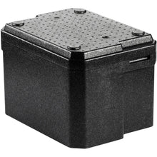 The Duni GmbH Thermobox 1 Black EPP is a black rectangular EPP box with a textured lid and rounded corners, designed for insulation and storage - perfect as a food transport box for catering use.
