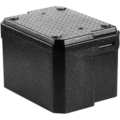The Duni GmbH Thermobox 1 Black EPP is a black, rectangular EPP box with a textured lid and rounded corners, designed for insulation and storage—perfect as a food transport box for use in the food service industry.