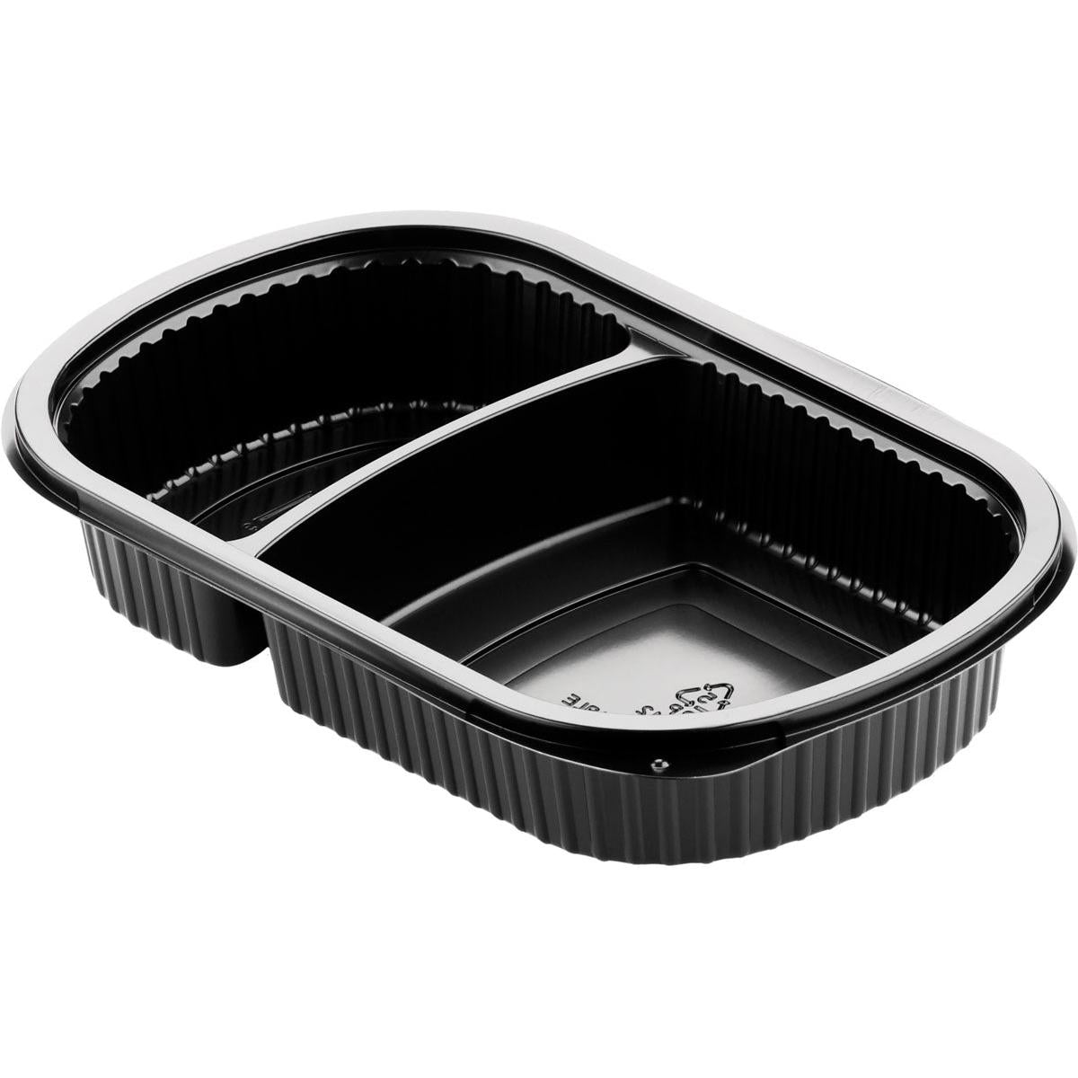 The Duni GmbH Menu Box 2 Black PP 240x150x40, a black food container with two compartments and ribbed edge, is perfect for the catering industry. It is delivered in packs of 50 and is pictured on a white background.