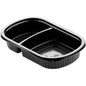 The Duni GmbH Menu Box 2 Black PP 240x150x40, a black food container with two compartments and ribbed edge, is perfect for the catering industry. It is delivered in packs of 50 and is pictured on a white background.