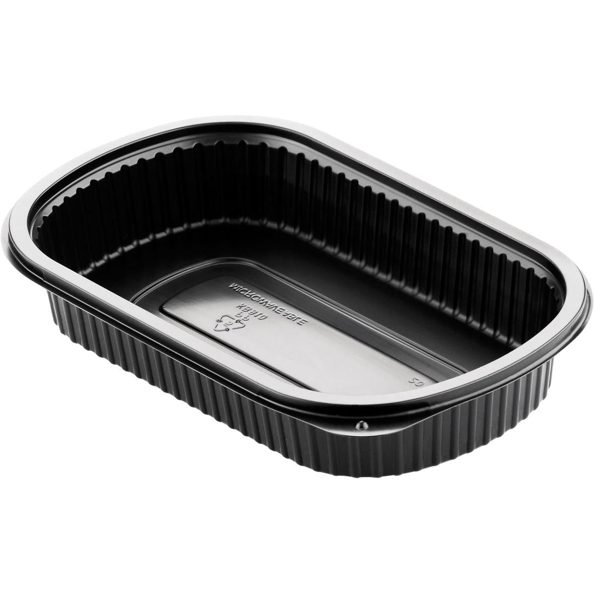 A menu box 1 Black PP 240x150x40 from Duni GmbH (pack of 50 pieces) with an oval shape, ribbed plastic sides, and a smooth metal bottom is depicted at an angle against a white background.