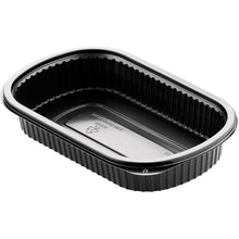 A menu box 1 Black PP 240x150x40 from Duni GmbH (pack of 50 pieces) with an oval shape, ribbed plastic sides, and a smooth metal bottom is depicted at an angle against a white background.