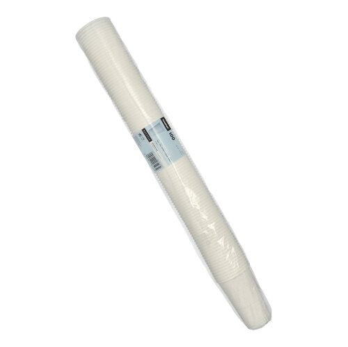 A sealed stack of Starpak 100 drinking cups made of white PP, wrapped in clear plastic with a central barcode label - ideal for events.