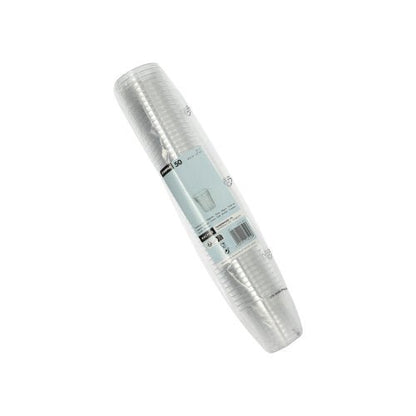 A stack of Starpak 50 drinking cups, PS crystal clear, each with a capacity of 0.2 l, is packaged in plastic with a light blue-white label with product information and a barcode.