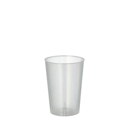 A Starpak 40 reusable drinking cup made of translucent, unbreakable PP from Starpak stands upright and empty against a white background.