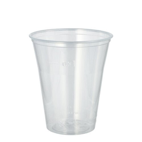 A transparent Starpak 75 drinking cup, PS with foam rim, from Starpak is depicted empty against a plain white background.