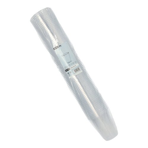 A stack of Starpak 75 drinking cups, PS clear with foam rim, packed in a transparent plastic packaging with a white label displaying the product data.