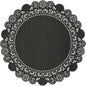 The Duni GmbH round doily is a round, black paper doily with a lace-trimmed, scalloped edge. Its solid core contrasts with the decorative edge, making it perfect for a stylish wedding.