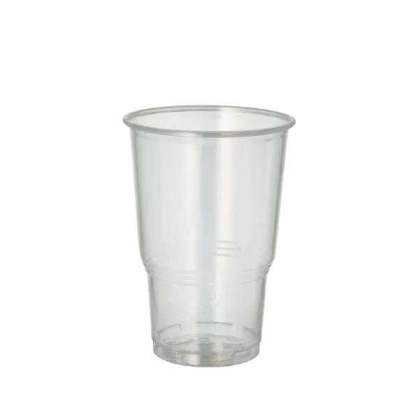 The PAPSTAR 70 cold drink cup, PLA "pure" crystal clear with foam rim from PAPSTAR GmbH stands upright against a plain white background and presents its environmentally friendly design, ideal for serving cold drinks.