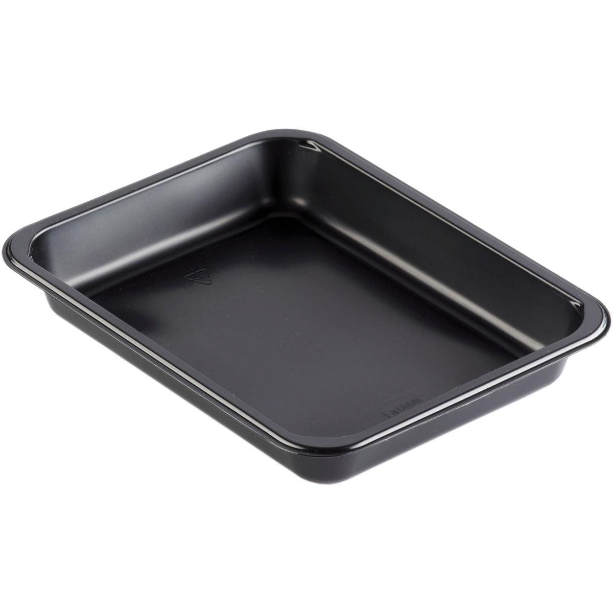 Depicted is a Duni GmbH PP bowl Caterline 1 Black PP 227x178, a black rectangular baking dish with rounded corners and raised edges, on a white background.