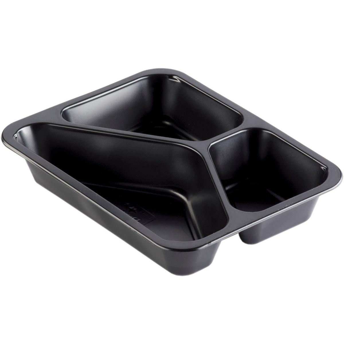 The Duni GmbH PP bowl Caterline 3 Black PP 227x178 is a black food bowl with three compartments (one large, two small), ideal for serving or packaging food in gastronomy or catering.