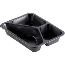 The Duni GmbH PP bowl Caterline 3 Black PP 227x178 is a black food bowl with three compartments (one large, two small), ideal for serving or packaging food in gastronomy or catering.