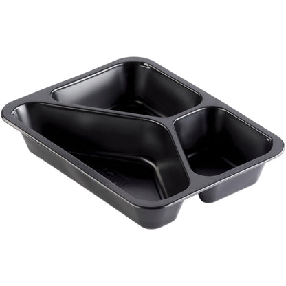 The Duni GmbH PP bowl Caterline 3 Black PP 227x178 is a black food bowl with three compartments (one large, two small), ideal for serving or packaging food in gastronomy or catering.