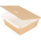 A brown, square cardboard box (115x115x50 mm) from Duni GmbH with a partially open lid reveals its white PE interior. This brown carton (package of 250 pieces) is photographed empty on a white background.