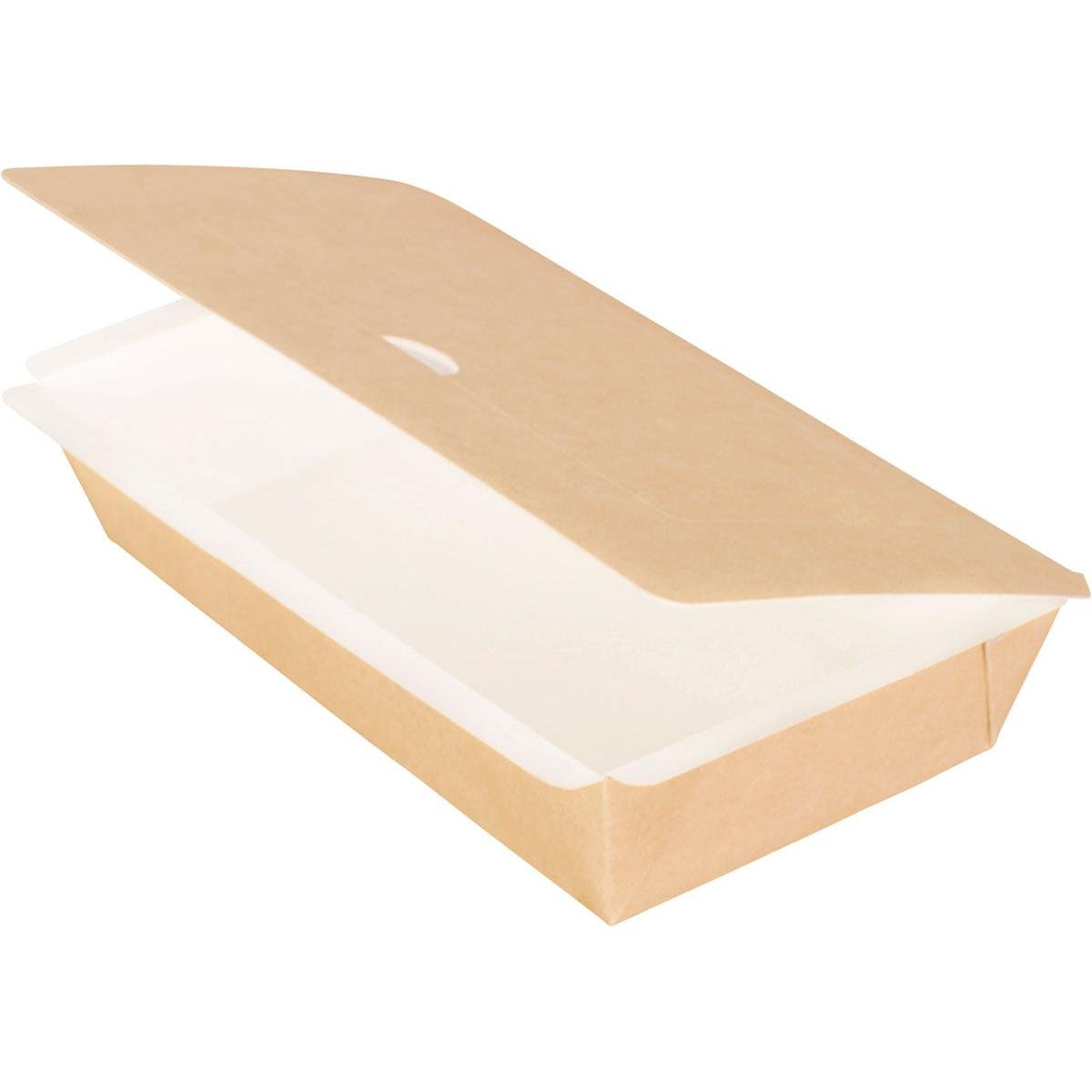 A Duni GmbH cardboard box, rectangular, M (200x120x45 mm) made of brown cardboard/PE, with an attached and partially opened lid. The empty box is standing against a white background. Package: 250 pieces.