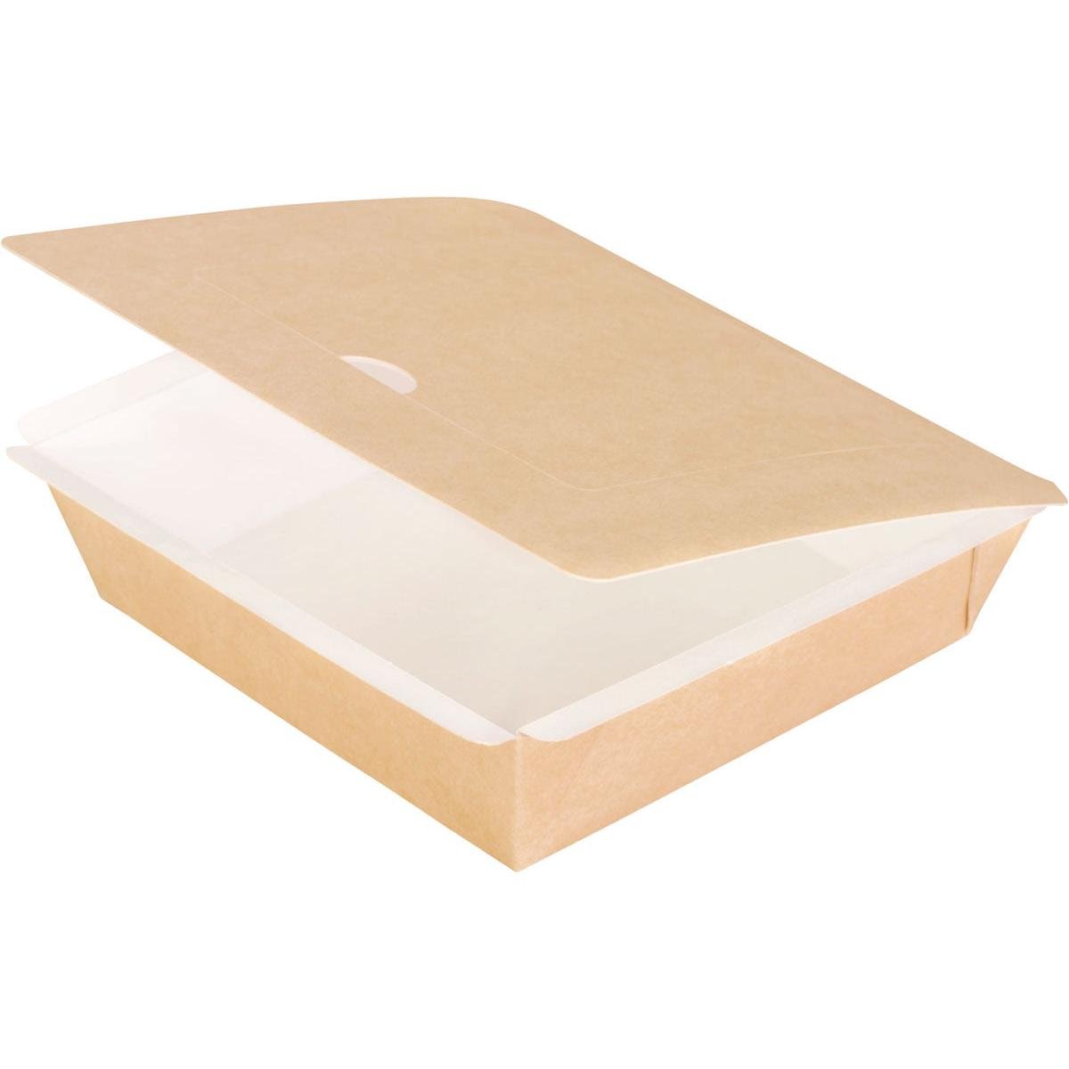 A light brown cardboard box, square, L 165x165x45 mm made of brown cardboard/PE from Duni GmbH stands empty with a half-open lid and white interior against a white background. The package contains 250 pieces.