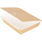 A rectangular Duni GmbH cardboard box, L (195x165x45 mm), made of light brown brown cardboard/PE, is depicted empty with a partially open lid against a white background, highlighting the eco-friendly packaging. Package: 250 pieces.