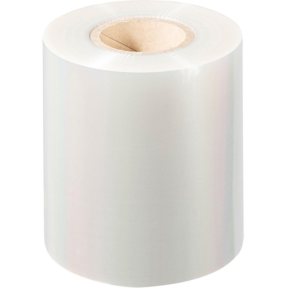 A large roll of Duni GmbH PET sealing film Antifog PET stands upright on a white background, with a glossy, tightly wound film on a cardboard core for fog-free sealing film.