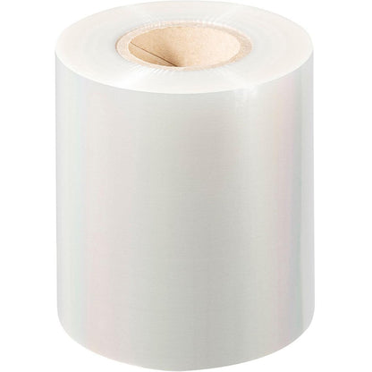 A large roll of Duni GmbH PET sealing film Antifog PET stands upright on a white background, with a glossy, tightly wound film on a cardboard core for fog-free sealing film.