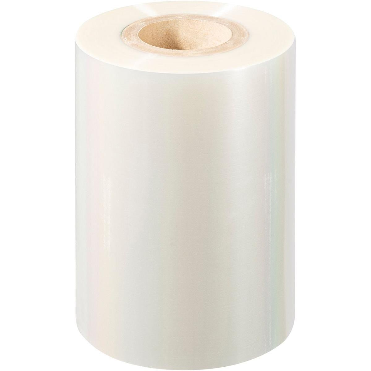 A large roll of Duni GmbH PET sealing film Antifog PET film with a cardboard core, standing upright on a white background.