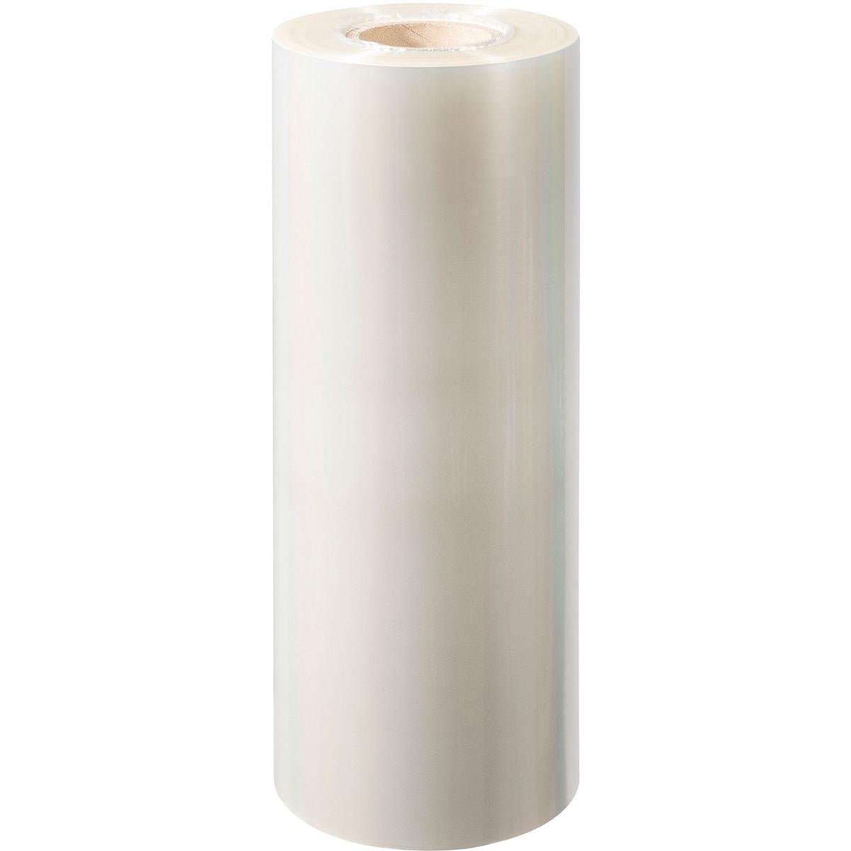 A large roll of PET sealing film Antifog PET from Duni GmbH with clear film and visible cardboard core stands upright on a white base.