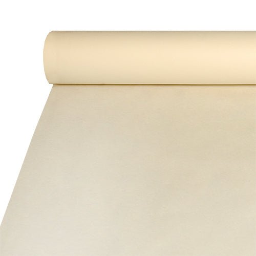 A large roll of Starpak tablecloth, fabric-like (Airlaid 20m x 1.2m), is unrolled on a flat surface, revealing its smooth, flawless texture – ideal for catering or high-quality table decorations.