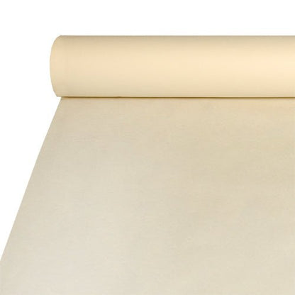 A large roll of Starpak tablecloth, fabric-like (Airlaid 20m x 1.2m), is unrolled on a flat surface, revealing its smooth, flawless texture – ideal for catering or high-quality table decorations.