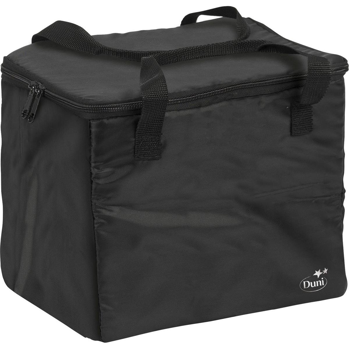 A thermal bag (1, black nylon, 275x200x240) from Duni GmbH with two carrying handles, a zipper at the top, and a white Duni logo in the lower front corner. Package (1 piece).