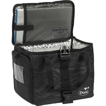 The Duni GmbH Thermal Bag 1 Black Nylon 275x200x240 features a mesh pocket with a zipper in the lid, silver thermal lining, black handles, and a Duni logo on the front. The lunch bag is empty, ideal for keeping items cool.