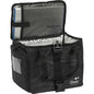 The Duni GmbH Thermal Bag 1 Black Nylon 275x200x240 features a mesh pocket with a zipper in the lid, silver thermal lining, black handles, and a Duni logo on the front. The lunch bag is empty, ideal for keeping items cool.