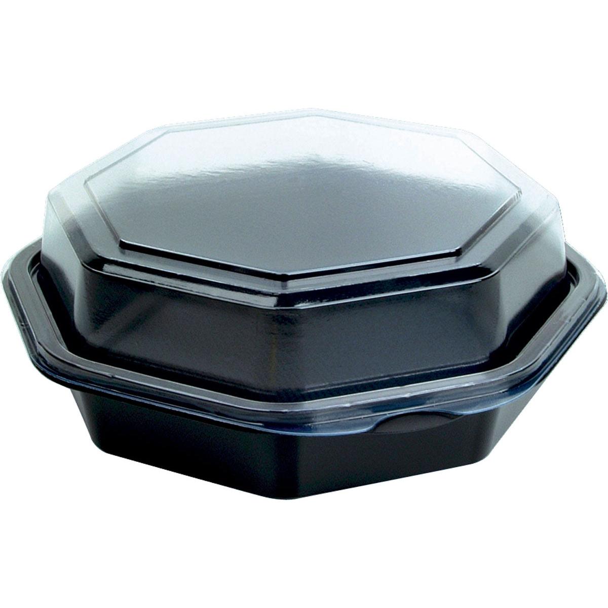 A closed, black Octaview® container (Duni GmbH, PS 160x160x60 mm, pack of 20 pieces) with a transparent lid is seen on a white background; ideal for storing small items and appears empty.