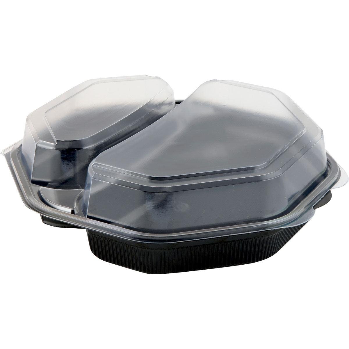 The Octaview® 2 Black/Transparent PS Box (230x230x50 mm, 30 pieces) from Duni GmbH is a practical lunchbox or jewelry storage with two compartments and a clear lid.