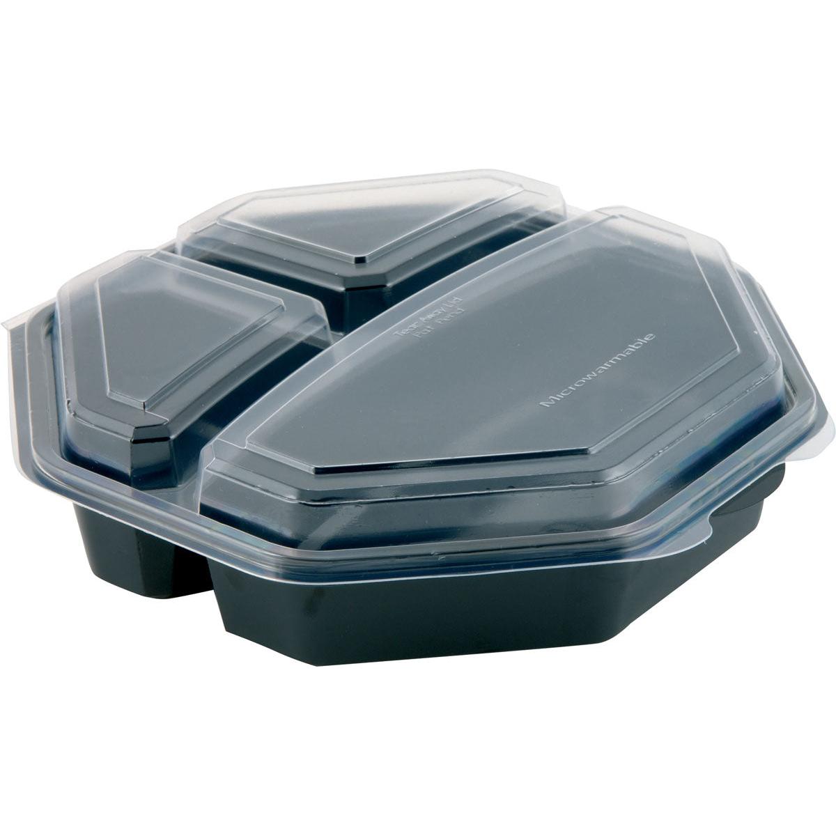 The Duni GmbH Octaview® (C&C pack with 149872) is a black PS food container with 3 compartments and a transparent lid, size 230x230x60 mm, depicted empty on a white background. The pack contains 30 pieces.