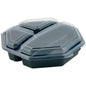 The Duni GmbH Octaview® (C&C pack with 149872) is a black PS food container with 3 compartments and a transparent lid, size 230x230x60 mm, depicted empty on a white background. The pack contains 30 pieces.