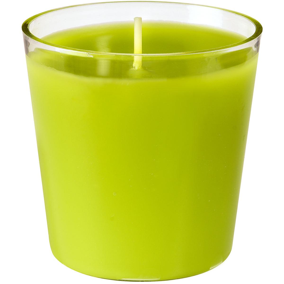 The refill Switch & Shine from Duni GmbH, a green refill candle (about 30 hours, 65x65 mm) in a clear glass holder with a wick, is presented against a simple white background.