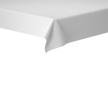 Close-up of the corner of a white rectangular table draped with a smooth Evolin tablecloth 127 x 127 cm by Duni GmbH against a plain white background.
