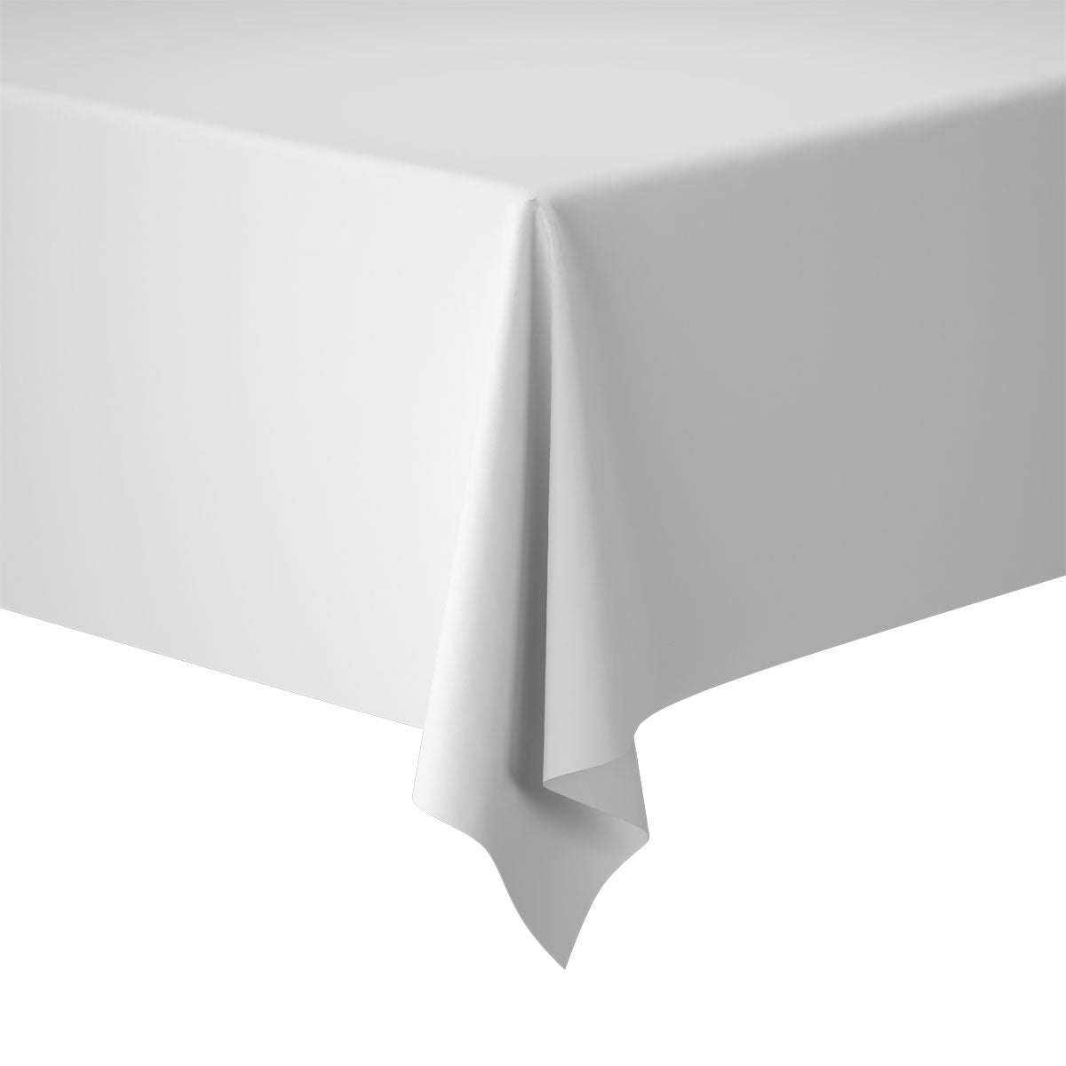 An Evolin tablecloth from Duni GmbH in the size 127 x 180 cm with an elegant linen look is draped over the corner of a rectangular table and stands against a white background.