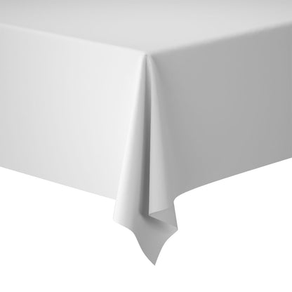 An Evolin tablecloth from Duni GmbH in the size 127 x 180 cm with an elegant linen look is draped over the corner of a rectangular table and stands against a white background.