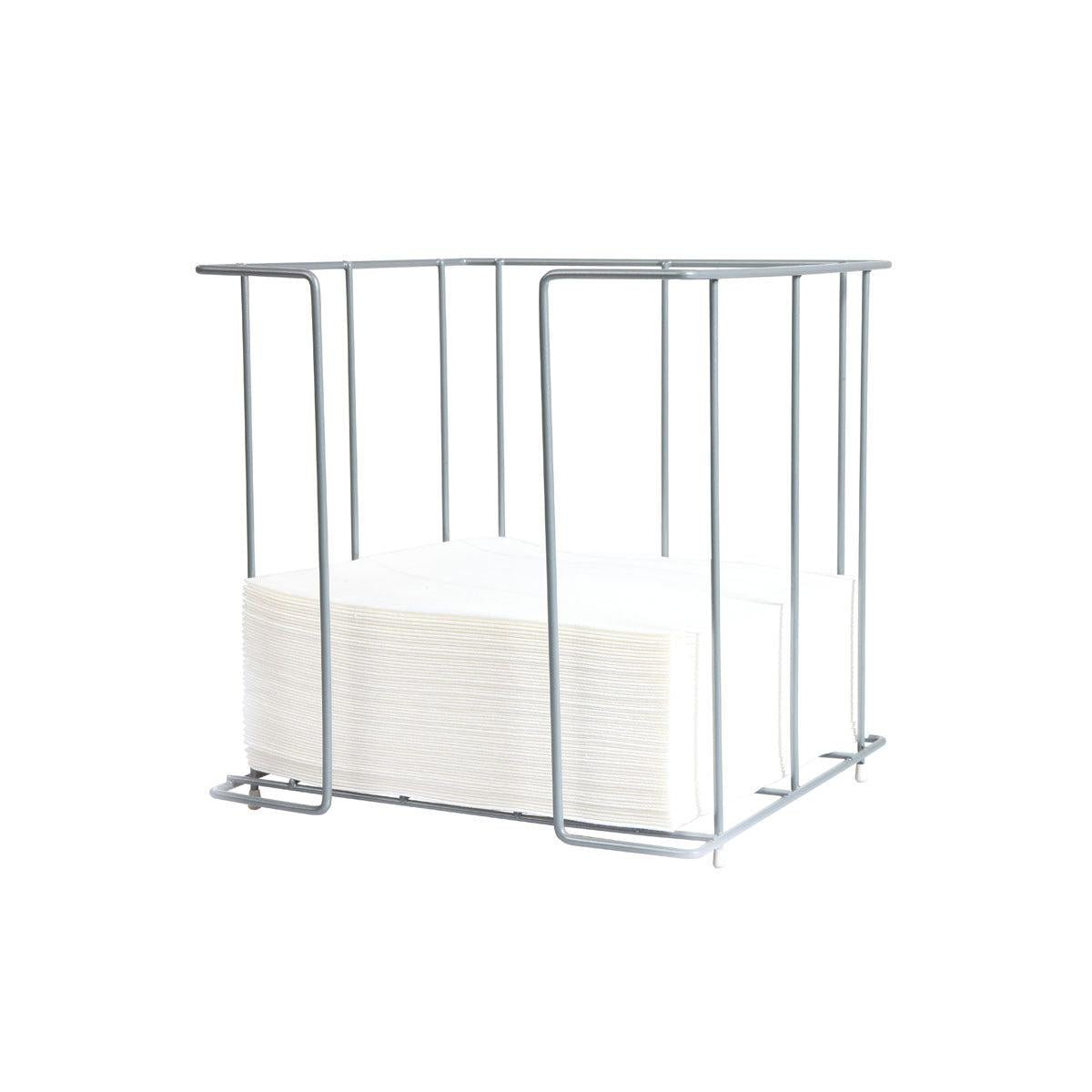 A stack of white napkins in the size 33x33 cm is in the Duni GmbH metal napkin dispenser 33 cm 1/4 inch - Elegant design with chrome metal wire frame against a plain white background.