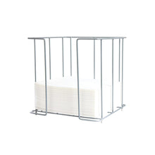A stack of white napkins in the size 33x33 cm is in the Duni GmbH metal napkin dispenser 33 cm 1/4 inch - Elegant design with chrome metal wire frame against a plain white background.