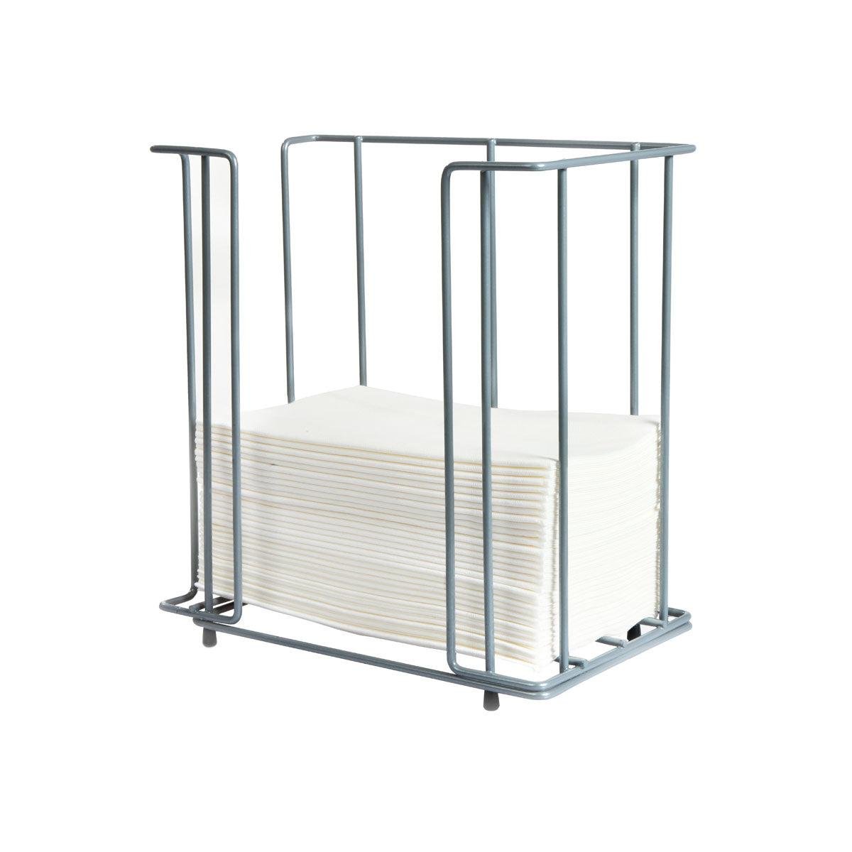 The Duni GmbH metal napkin dispenser 40 cm 1/8F, practical and elegant, holds a stack of white, rectangular napkins and is equipped with an open frame, depicted on a white background.