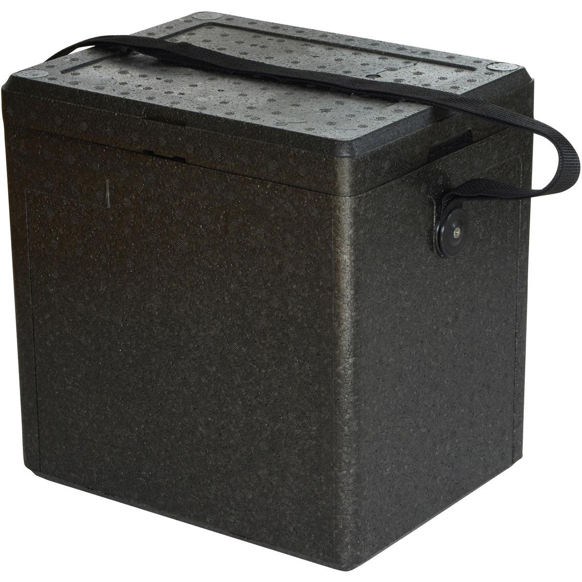 The Thermobox 1 Black EPP from Duni GmbH is a black, rectangular box with a textured surface, a lid, and a carrying strap on the side—perfect as an insulated box for the food service industry or for transporting food.