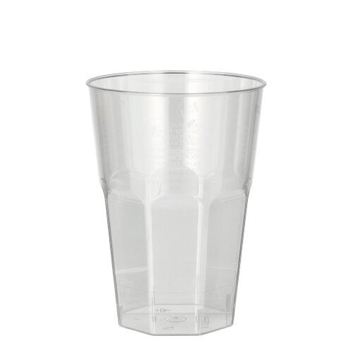 A transparent Starpak Latte Macchiato cup made of plastic (0.3 l, 8 cm Ø, 11 cm high) with tapered sides and a flat bottom from the Starpak 30-glass set, crystal clear surface, presented against a simple white background.