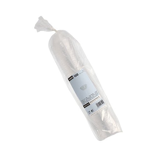 A sealed plastic package with 100 transparent Starpak dressing bowls, PS, round, 50 ml (Ø 6.7 cm x 2.7 cm), stacked with a white-blue label – ideal for use in catering or as a dressing cup.